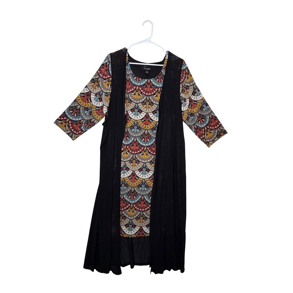 Connected Apparel Womens 18W Midi Dress Mesh Overlay Faux Cardigan Fan Print 18W